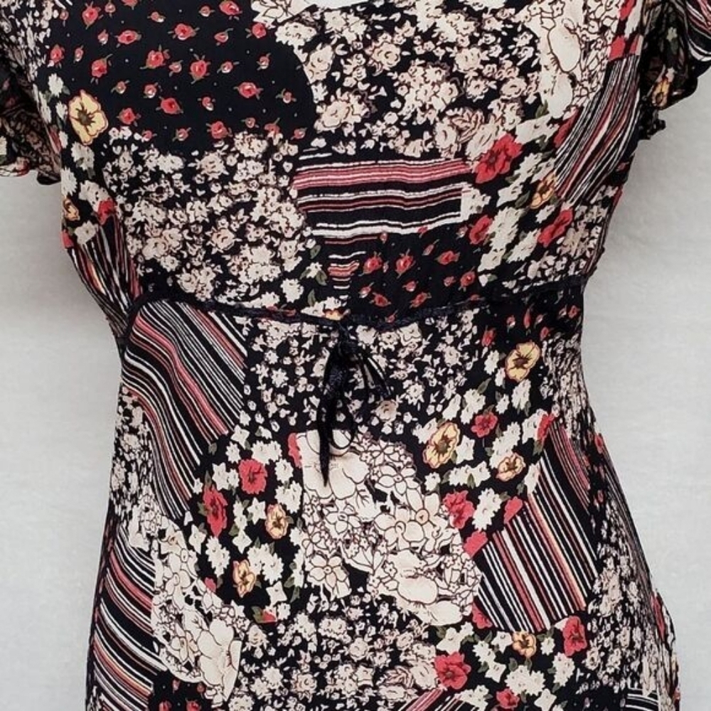 90s Vintage Her Style Floral Striped Faux Patchwork Butterfly Sleeve Midi Dress - Picture 6 of 16